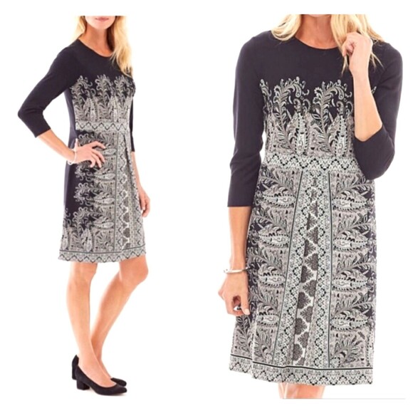 J. Jill Paisley Dress Medium TALL Wearever Black Gray Pleated 3/4 Sleeve Stretch - Picture 2 of 13